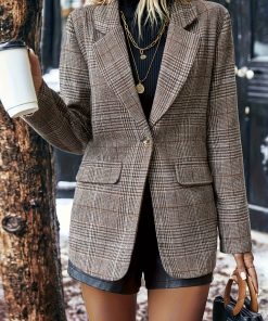 1pc Women'S Chic Plaid Casual Blazer - Polyester Long Sleeve Jacket with Single Button Placket, Regular Fit H-Line, Woven Fabric, Non-Waterproof - Springu002FFall Fashion Outerwear