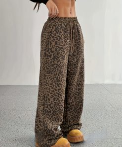 Women'S Leopard Print Drawstring Wide Leg Pants, Casual Polyester Spandex Blend, Woven Fabric, 140gu002Fm, Perfect for Springu002FSummeru002FFall - Adult Fashion
