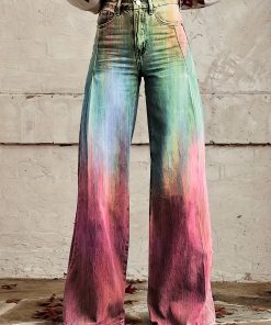 Women's Vibrant Tie-Dye Lightweight Flare Leg Pants - Faux Denim, Casual Bell Bottoms with Pockets, Machine Washable for All Seasons, Plus Size Pants
