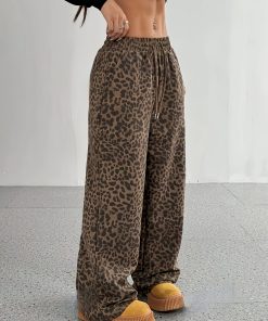 1pc Women'S Leopard Print Wide Leg Pants, Casual Drawstring Polyester Spandex Blend, Woven Long Trousers for Springu002FSummeru002FFall