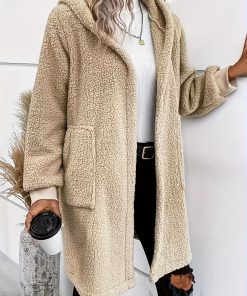 Solid Teddy Hooded Coat, Casual Open Front Long Sleeve Warm Outerwear, Women's Clothing