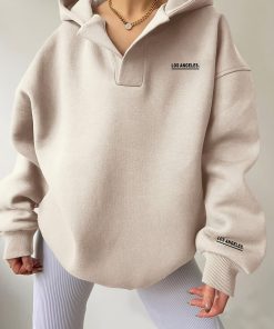 Los Angeles Print Hoodie, Casual Long Sleeve Hooded Sweatshirt, Polyester Material, Drop Shoulder Loose Fit, Applique Details, Solid Color Alphabets Pattern, All Season Wear
