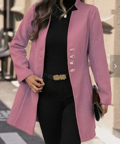 Solid Color Button Notched Coat, Elegant Long Sleeve Coat For Winter & Fall, Women's Clothing