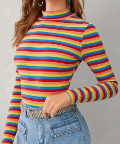 Colorful Striped Turtle Neck T-shirt - Y2K Long Sleeve Top For Spring & Fall - Women's Clothing - Soft & Breathable Fabric - Perfect for Casual & Trendy Outfits - Ideal Gift for Fashionable Women