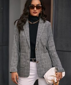 Women's Casual Plaid Blazer with Semi-Open Lapel, Long Sleeve H-Fit Polyester Coat - Woven, Springu002FFall Fashion Jacket - For Women - Suitable for Casual Occasions - Perfect Gift for Fashionistas