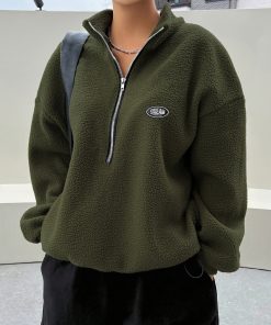 Letter Pattern Half Zip Teddy Sweatshirt, Casual Long Sleeve Drop Shoulder Pullover Fluffy Sweatshirt for Fall & Winter, Women's Clothing, Elegant Style, ALLu002FGlobalu002FAll