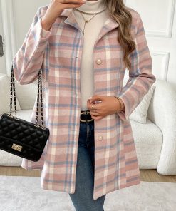 Chic Plaid Fleece-Blend Coat for Women - Slimming Fit, Casual Lapel Collar with Button Detail, Perfect for Fallu002FWinter - For Women - Suitable for Fallu002FWinter - Ideal Gift for Fashionable Women