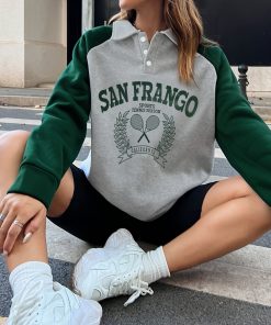 Women'S Vintage San Frango Sports Tennis Applique Letter Print Long Sleeve Lapel Sweatshirt, 100% Polyester Knit Fabric, All-Season Casual Wear, 250gsm