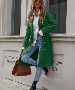 Double-breasted Notched Lapel Coat, Elegant Solid Long Sleeve Longline Coat For Fall & Winter, Women's Clothing