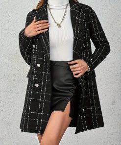 Elegant Checkered Double-Breasted Coat with Belt - 100% Polyester Long Sleeve Plaid Non-Stretch Casual Mid-Length Jacket with Polyester Lining, Regular Fit Woven Fabric for Fallu002FWinter
