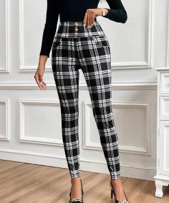 Print High-Waist Plaid Knit Pants with Metal Buckle Detail for Women - Machine Washable, All-Season Fashion - Soft & Comfortable Knit Fabric - Suitable for Casual & Formal Occasions - Perfect Gift for Fashionable Women