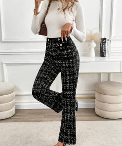 Elegant Polyester Flare Leg Pants for Women, 100% Polyester Knit Fabric, All-Season Long Length Trousers with Button Detail and Printed Pattern