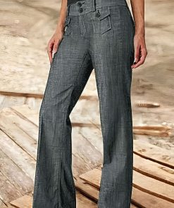 New Women'S Casual Solid Color Flap Pocket Button Mid-Rise Straight Leg Pants