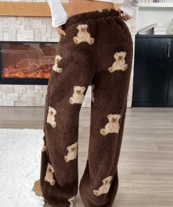 Women'S Casual Polyester Knit Wide Leg Pants, Cozy Fallu002FWinter Animal Pattern Loungewear, with Drawstring Waist, with Bear Print