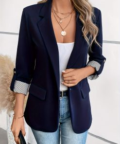 Single-Breasted Label Neck Blazer, Elegant Long Sleeve Blazer For Office & Work, Women's Clothing